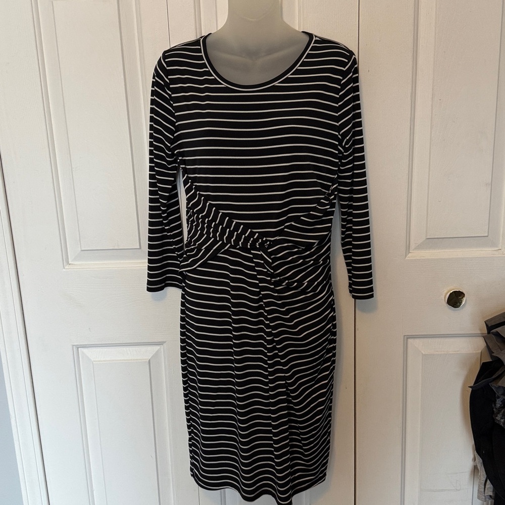 Metaphor Sz M Black White Twist Front Striped Career Dress GUC B1015